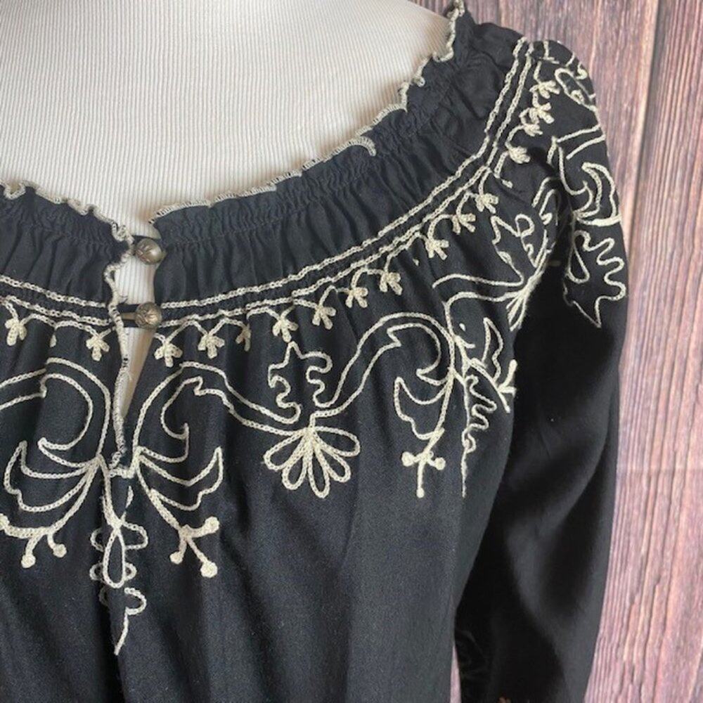 Lucky Brand Women's Black Embroidered 3/4 Sleeve Boho Tunic Dress Size Small - Picture 2 of 7